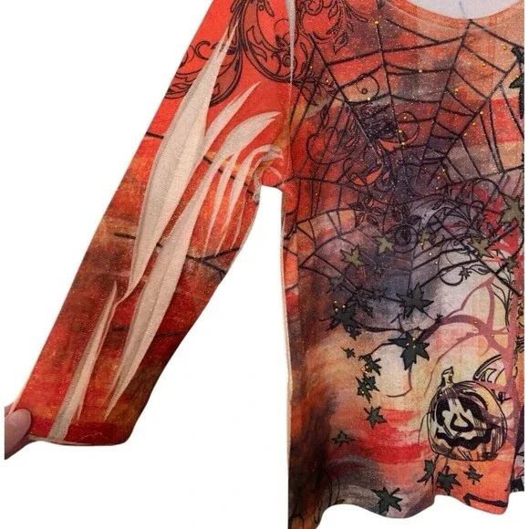 Halloween 3/4 Sleeve Tshirt Top Womens Size M Spiderweb Sparkle Orange Pumpkins - Picture 4 of 7